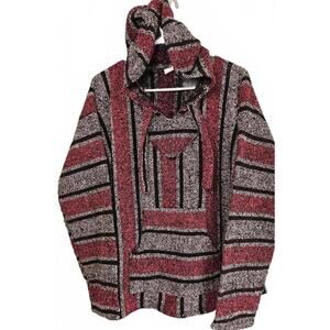 Artesanias Unisex Gray Pink and Black Mexican Hooded Pullover Poncho Size Large